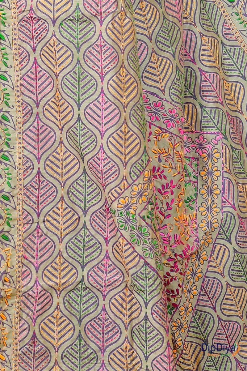 Off-White Cotton Varitikath Kantha Stitch Saree (597)